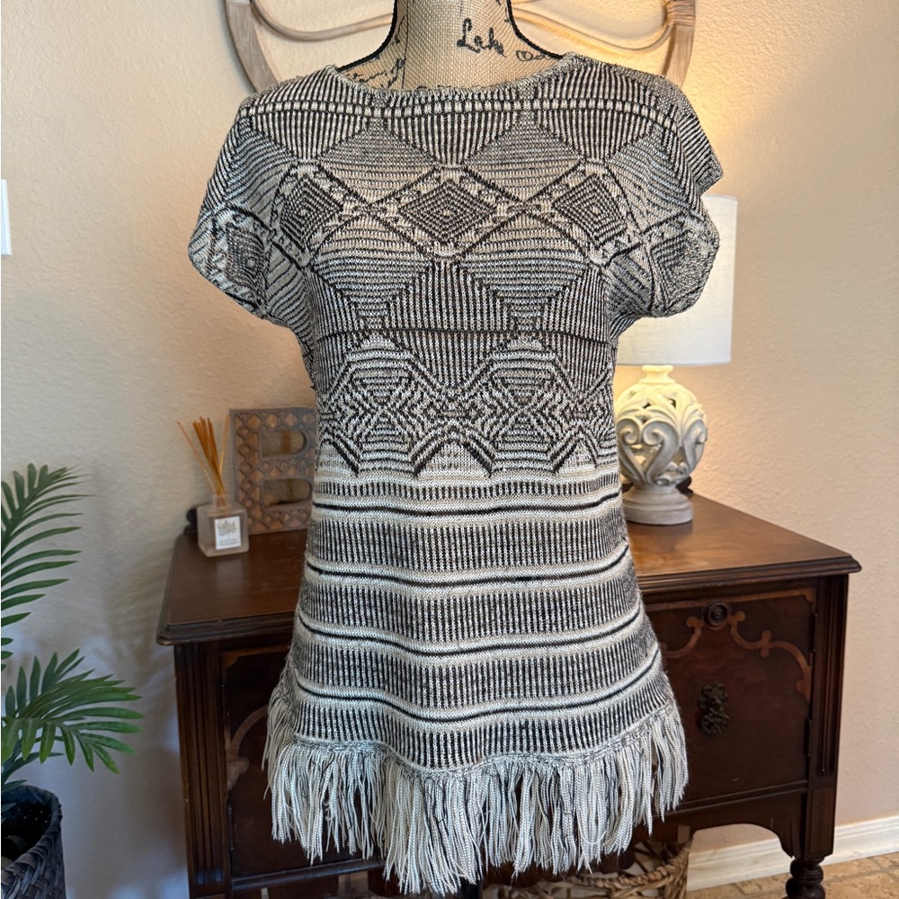 Ruby Rd. Boho Aztec Patterned Black and Cream Crotchet Knit Top with Fringe Hem